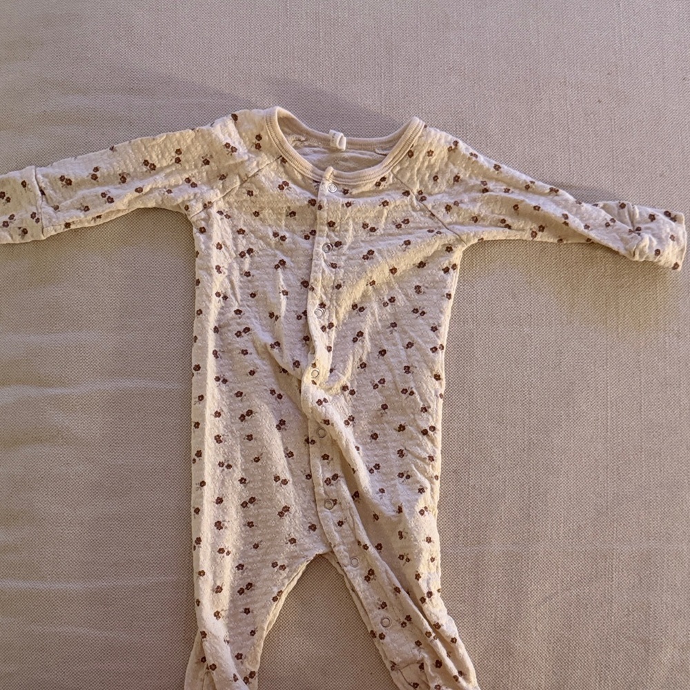 Quincy Mae Cream pointelle romper with Brown Floral Print